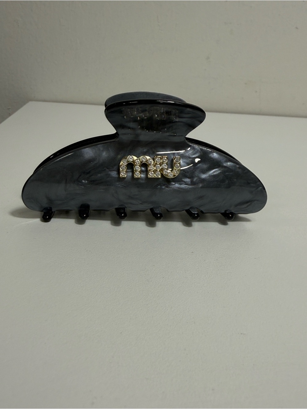 Miu Miu black Marbled Resin Hair Claw with Rhinestone Logo